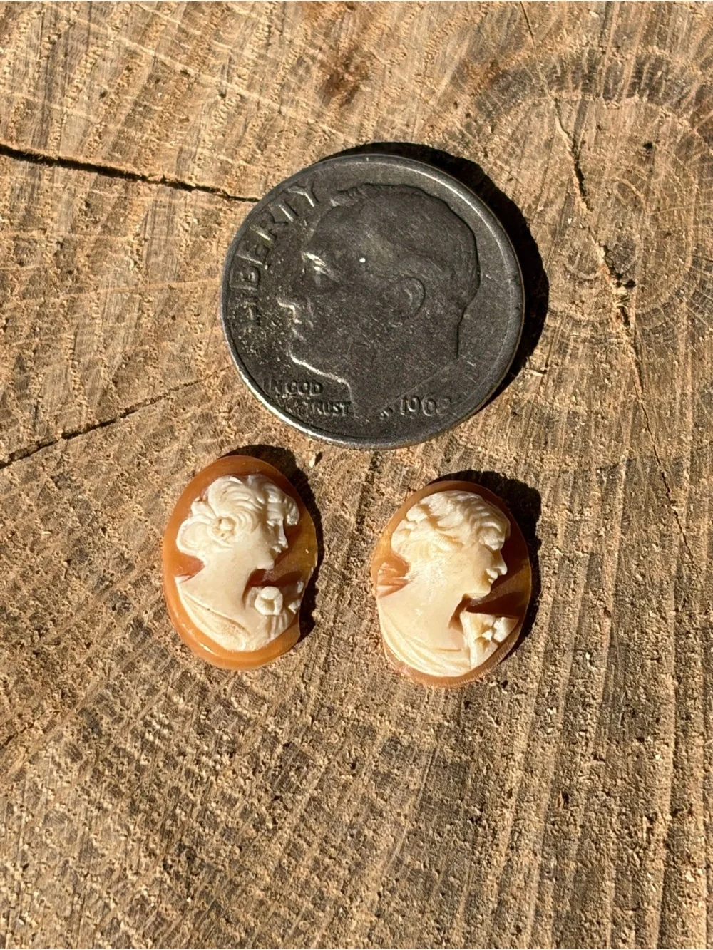 Vintage Hand Carved Shell Cameo Pair Petite Lady Profiles Mini Cabochons